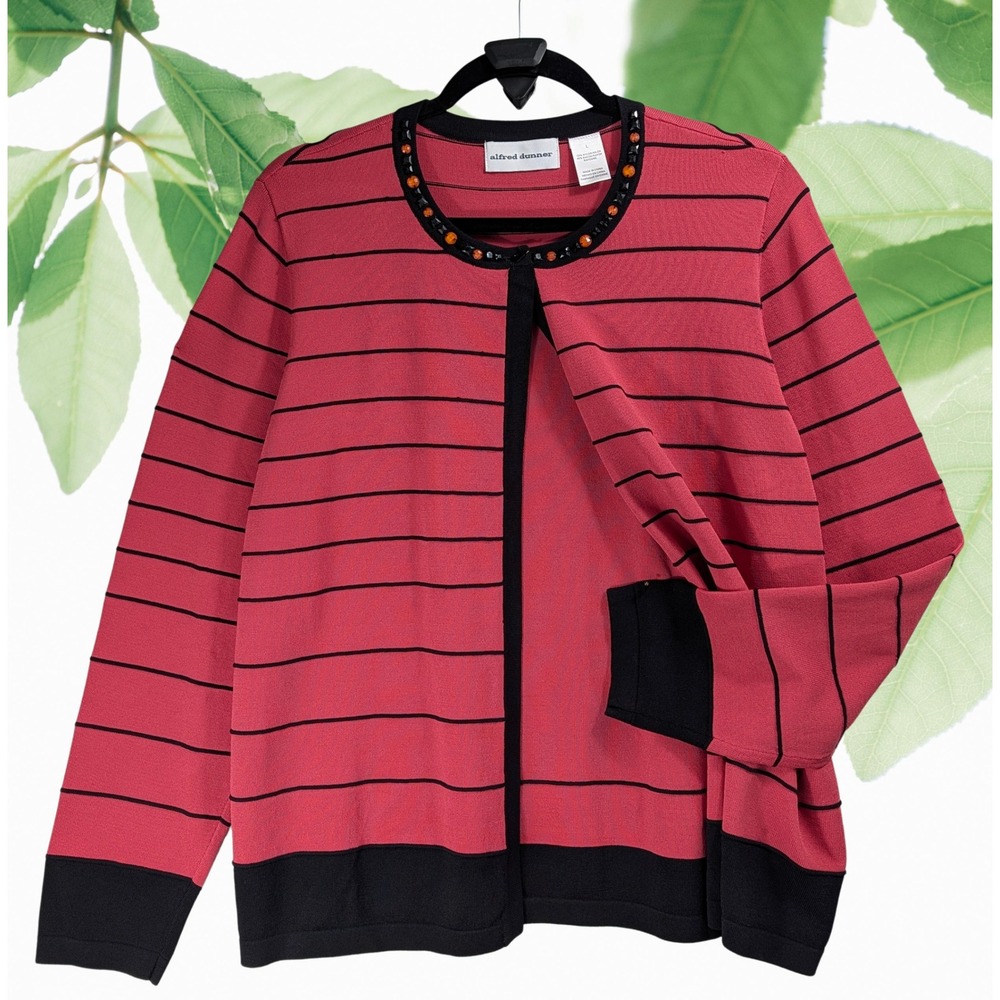 Alfred Dunner Sz L Layered Red Black Stripe Beaded Cardigan Sweater Women's VTG